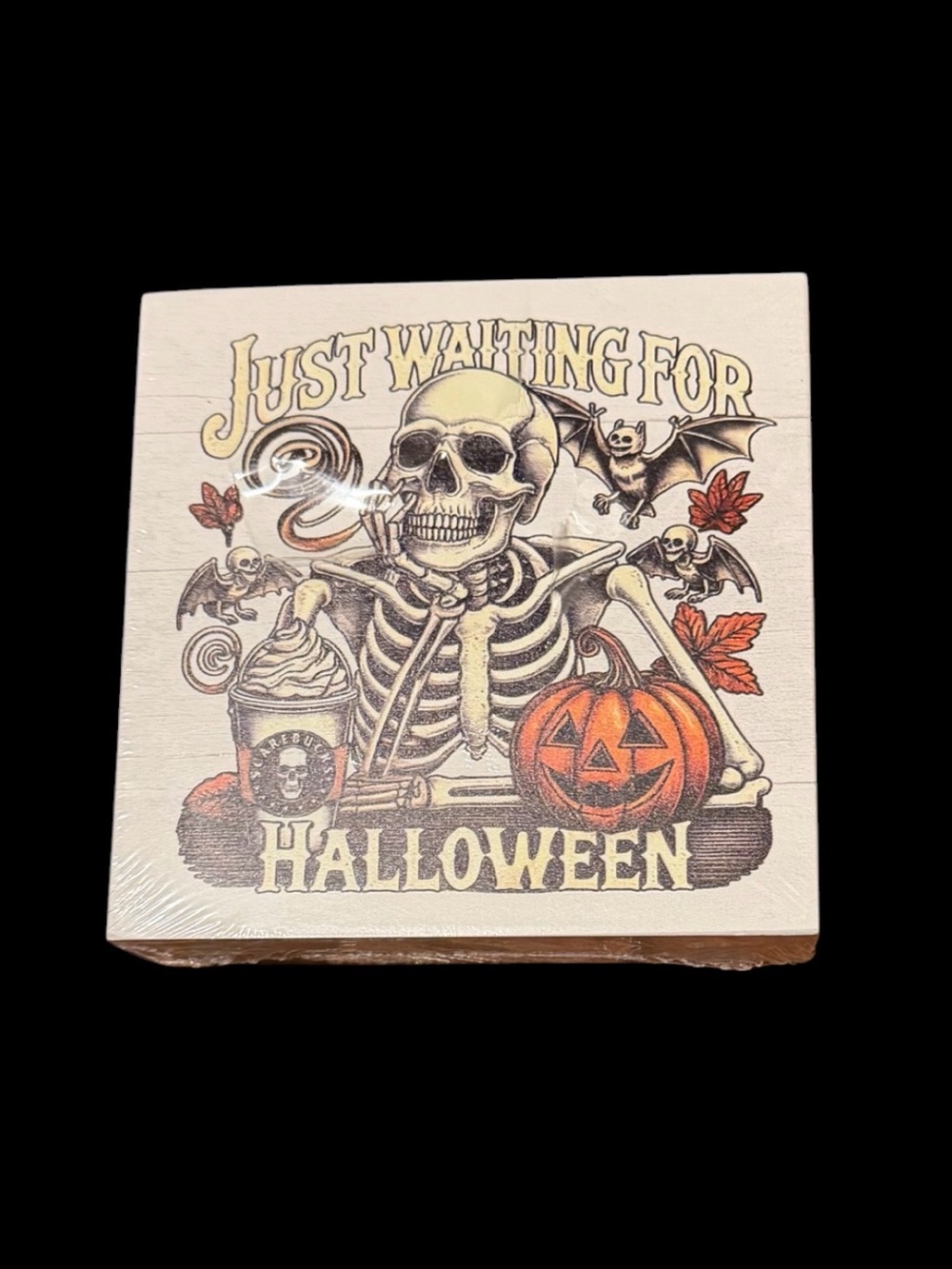 Just Waiting For Halloween Skeleton Pumpkins Wall Art 5”x5”- wooden, new